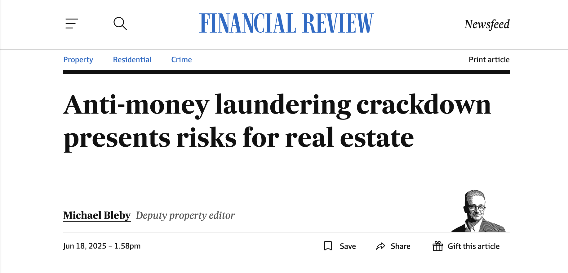 Australian Financial Review article: Anti-money laundering crackdown presents risks for real estate